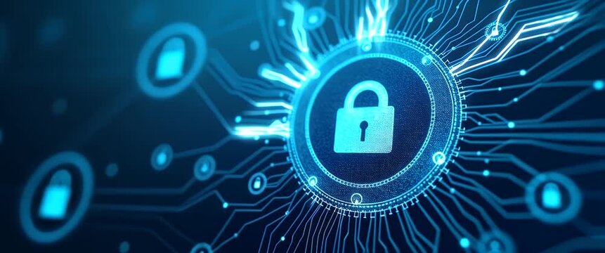 Digital security concept with a futuristic lock icon in motion, surrounded by glowing circuit lines; camera pans slowly, creating a cinematic and tech-focused atmosphere.
