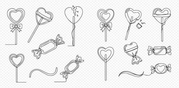 Heart-shaped lollipops and candies in line art style for sweet designs and decorations.