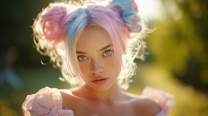 portrait of a cute young woman with pink and blue pastel hair and big blue eyes, soft natural daylight, dreamy bokeh background, kawaii fashion beauty concept for skincare, makeup branding, social 