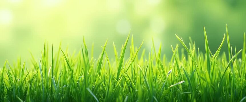 Lush green grass sways gently in the breeze under soft sunlight, as the camera slowly pans across the vibrant field, creating a serene and cinematic nature scene.