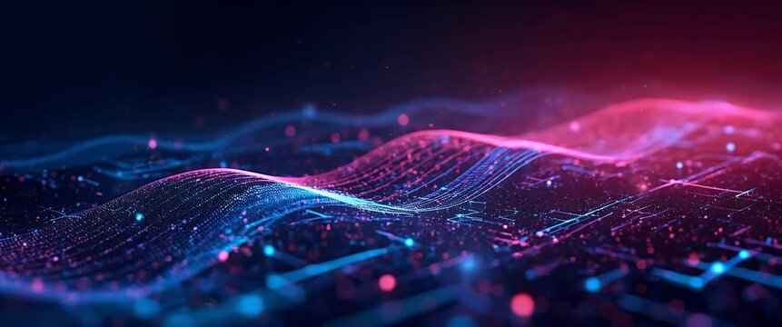 Glowing digital waves flow smoothly over a grid of data points, with a slow pan revealing dynamic technology patterns in a futuristic, cinematic style.