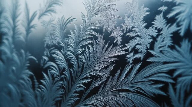 Stunning close-up view of delicate frost patterns on a cold winter window, showcasing nature's intricate crystalline artistry in shades of blue and white