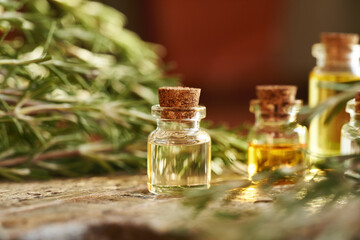 A bottle of rosemary essential oil with fresh rosemary plant