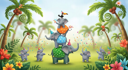 Illustration with three gray elephant wearing party hats, stacked on top of each other with toucan, confetti, palm trees and tropical flowers, celebration