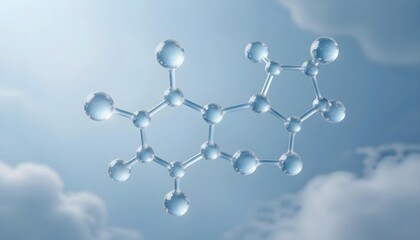 Abstract molecular structure with clear spheres and bonds against a cloudy sky background