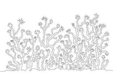 Abstract continuous one line illustration with chaotic branching forms resembling twisted trees or coral-like shapes, conveying surreal organic art on a clean white background. Vector Editable stroke