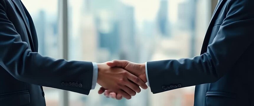Business professionals shake hands in a bright office setting, with a cinematic slow pan capturing the handshake's significance as sunlight gently flickers through large windows.