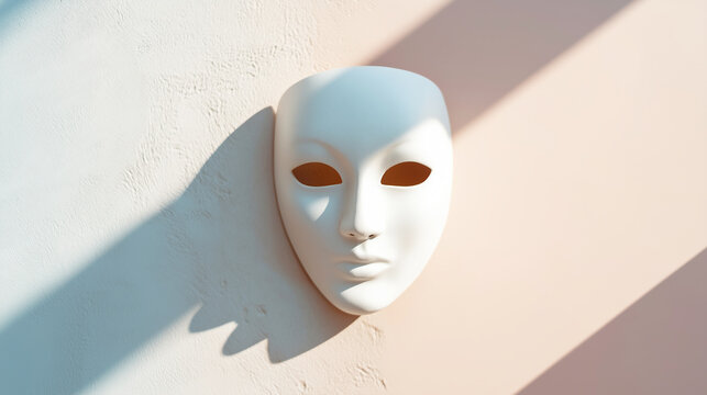 Plain white face mask representing concepts of disguise, theater, drama, and unknown identities on a textured background