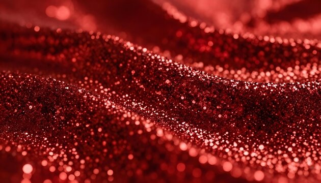 Close-up of shimmering red glitter fabric with soft bokeh background and gentle waves