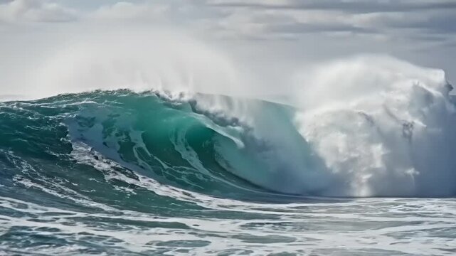 Powerful Ocean Wave Crashing with Spray and Foam Under a Cloudy Sky.