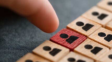 Hand selecting a standout red person in a grid of wooden blocks