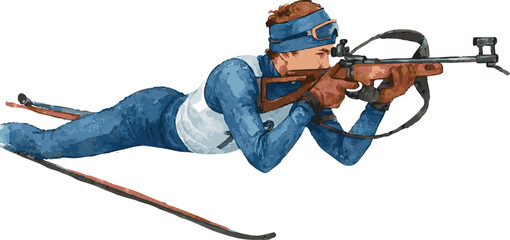 Vector watercolor illustration of a biathlonist lying and shooting © Mantella