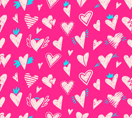 Seamless pattern with crayon hearts, angel wings and crown. Doodles elements for romantic designs, graffiti art, Valentine Day cards with chalk texture. Love background with hearts, vector illustratio
