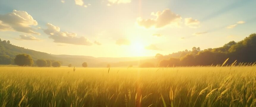 Golden wheat fields sway gently under a vibrant sunset, as the camera slowly pans across a serene landscape, capturing the cinematic beauty of nature with warm, glowing light.
