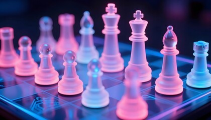 Glass chess pieces illuminated with pink and blue neon lights on a digital board