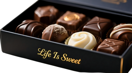 A box of assorted chocolates with the phrase Life Is Sweet written on the side