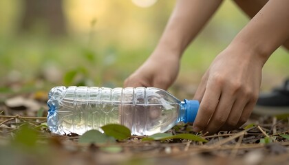 Person picking up plastic water bottle from forest floor, environmental cleanup effort