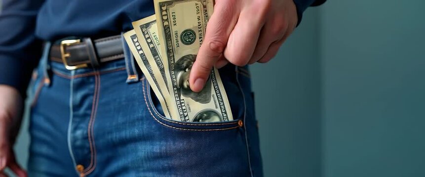 Man hand is putting money in the pocket illustrating financial transactions and personal finance management concept as Man hand placing money into a pocket illustrating financial transactions and pers
