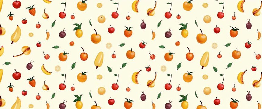 Vibrant fruits gently sway against a serene backdrop, as the camera slowly pans across this seamless, colorful pattern in a playful, animated style, perfect for fresh, organic branding.