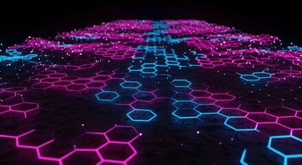 Glowing neon hexagons form an undulating digital surface against a dark background
