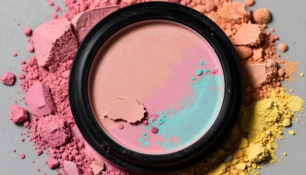 Crushed makeup powder palette with vibrant pink, peach, and yellow shades scattered around