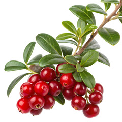 Obraz premium Fresh and vibrant red lingonberries on a leafy branch against a stark black background