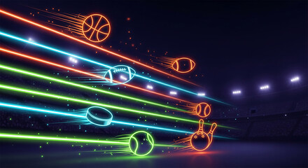 Glowing sports equipment with light trail, set on stadium backdrop, conveying movement and competition, perfect for event or promotion graphic