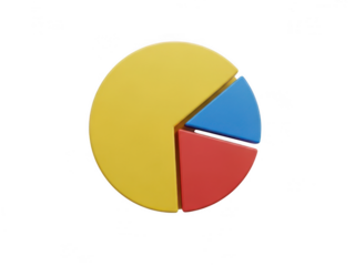 Three segment pie chart with yellow, blue, and red sections isolated on transparent background