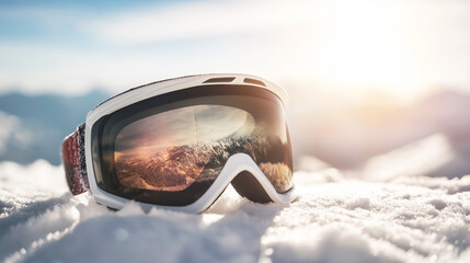 Ski goggles resting on fresh snow reflecting mountain landscape at sunrise, embodying winter sport and adventure spirit
