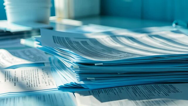 Selective focus. A stack of business documents and paperwork placed on an office desk, symbolizing administrative workload, document management, and corporate office routines.