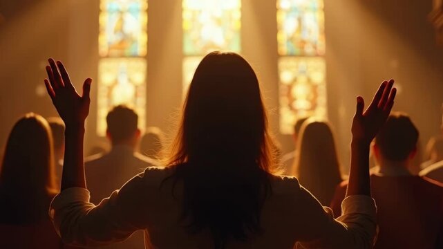 Group of people with inspiring mood in church, stained glass background, None concept