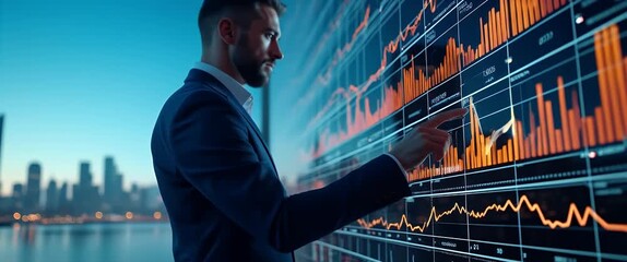 Business professional examines digital financial graphs on a tablet in a modern office, with a gentle camera pan and ambient cityscape motion, in a cinematic, high-tech style. - Powered by Adobe
