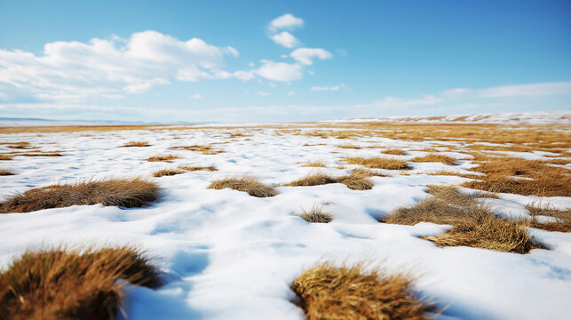 Highland field showing melting snow patches and dry grass under a clear blue sky, winter fading into spring
