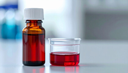 Brown pharmaceutical bottle with red syrup in measuring cup, medical treatment and healthcare.