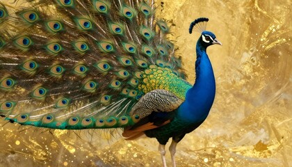 Fototapeta premium Majestic peacock displays its vibrant iridescent feathers against a luxurious golden background