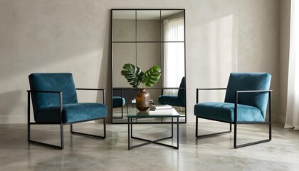 Modern living room with teal velvet armchairs and a large grid mirror
