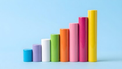 Colorful cylindrical blocks arranged in an ascending bar graph on a light blue background