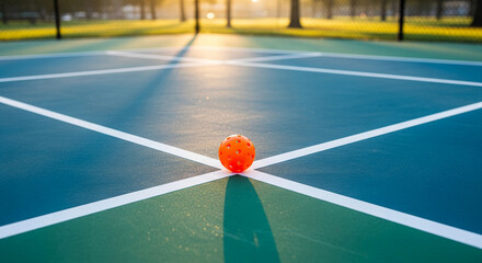 Orange ball on a teal and green sport court with white lines, illuminated by sunlight, representing outdoor game and active lifestyle