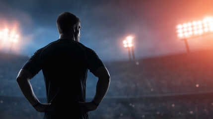 Rugby player standing confidently in silhouette, looking at bright stadium floodlights and a crowded arena