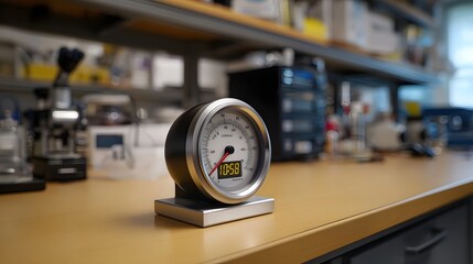 A scientific instrument with analog and digital readouts displaying time sits on a laboratory bench