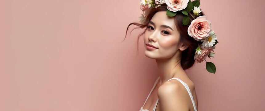 Elegant woman with floral crown gazes serenely, her gentle motion complemented by a soft breeze; camera slowly pans across a minimalist, pastel background in a cinematic style.