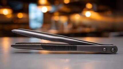 Close up of metal kitchen tongs with serrated gripping tips on a table