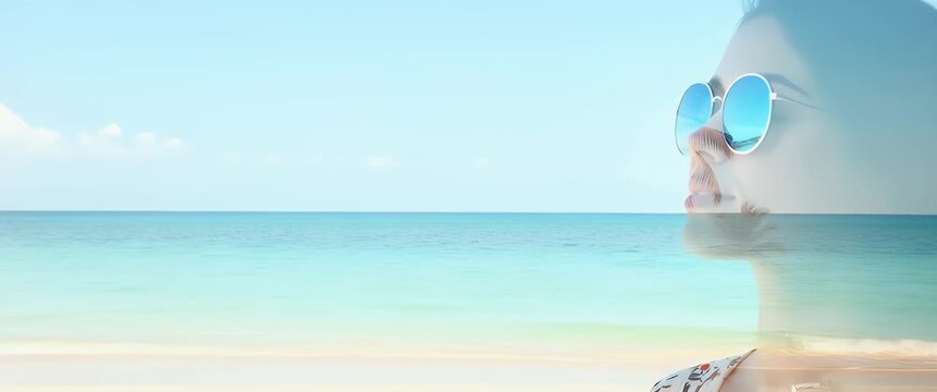 Photo realistic as Person with a tropical island palm trees and beach towel overlay symbolizing tropical travel in double exposure with copy space. concept as A person intertwined with a tropical isla