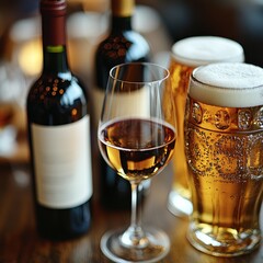 Golden bubbles rise in a chilled mug while rich red wine glows invitingly in a glass