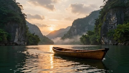 Serene wooden boat drifts on misty river at sunrise amidst dramatic limestone cliffs