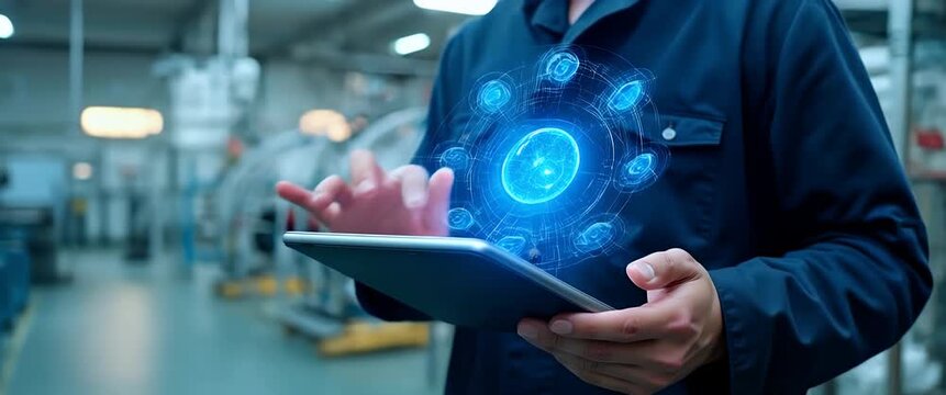 In a sleek industrial setting, a technician uses a tablet as holographic interfaces animate, while the camera pans slowly, capturing the dynamic interaction and advanced technology in a cinematic styl