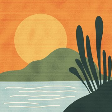 Minimal abstract landscape with sun and plants