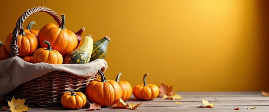 Cinematic video of a wicker basket full of vibrant pumpkins and gourds gently swaying as the camera slowly pans, with autumn leaves subtly shifting on a rustic wooden table.