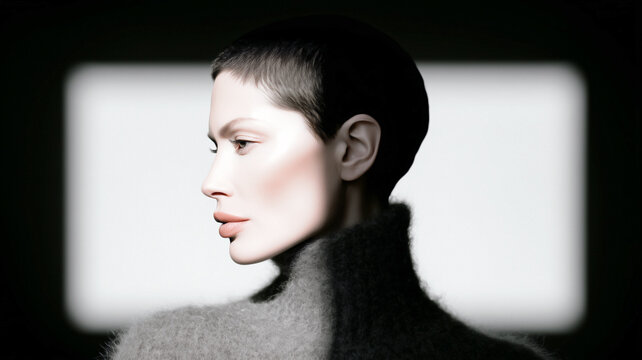 Minimalist fashion portrait of androgynous model in profile expressing calm introspection