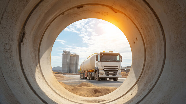 Concrete pipe framing industrial cement tanker truck transporting bulk material with silos and construction site background